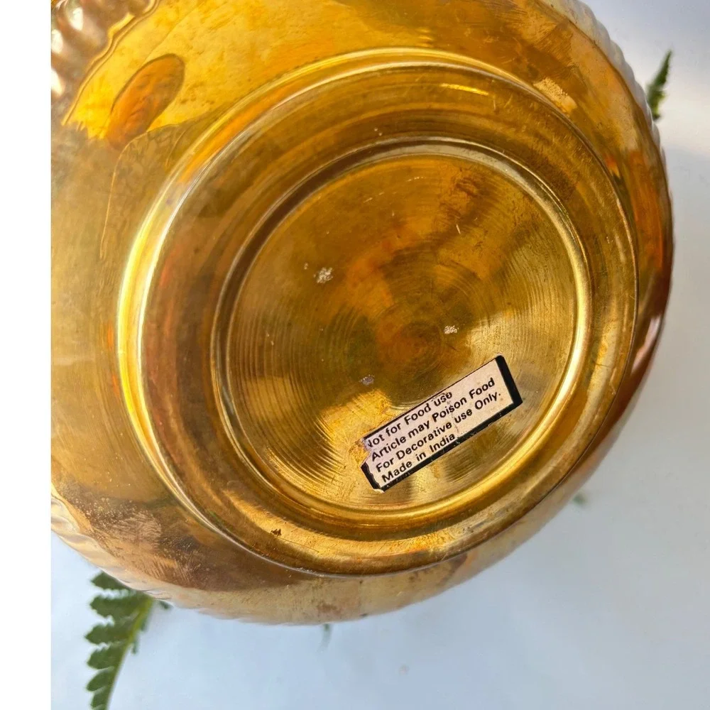 Vtg Silk Floral Arrangement Peach Feathers Roses Brass Bowl Made in India 15
